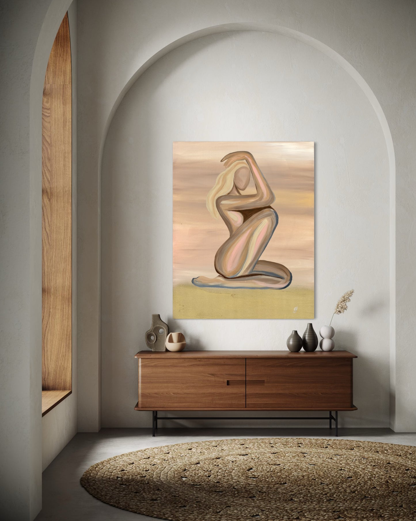 Abstract painting of a nude figure on a wall above a wooden cabinet with decorative items. Jade Fairbairn Art